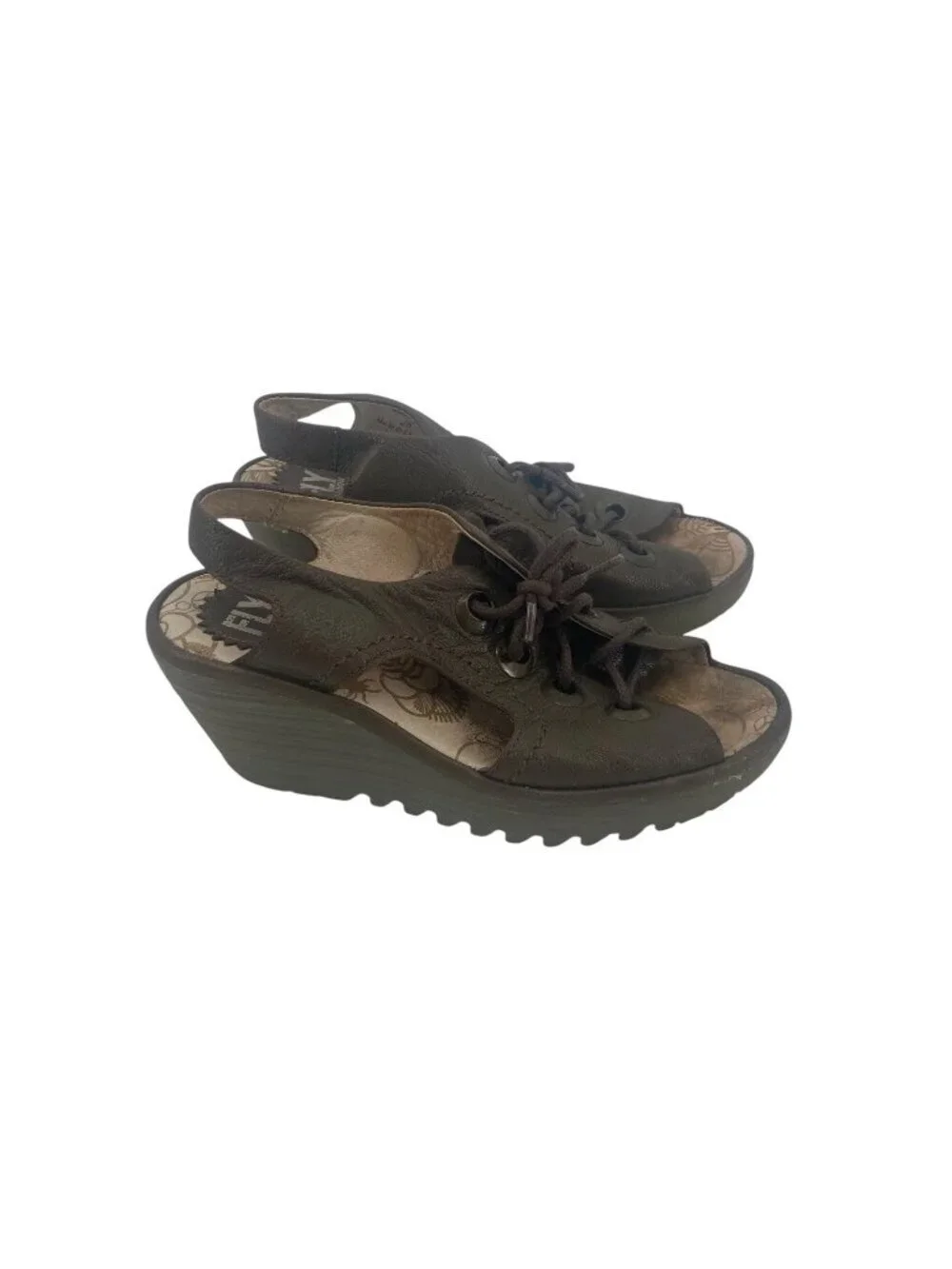 Fly London Women's Yifa Green Lace Up Wedge Sandal Size 36 US 5/5.5